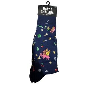 NWT Happy Threads Mens Crew Socks Navy Blue Pixel Art Dragon  Gamer Retro